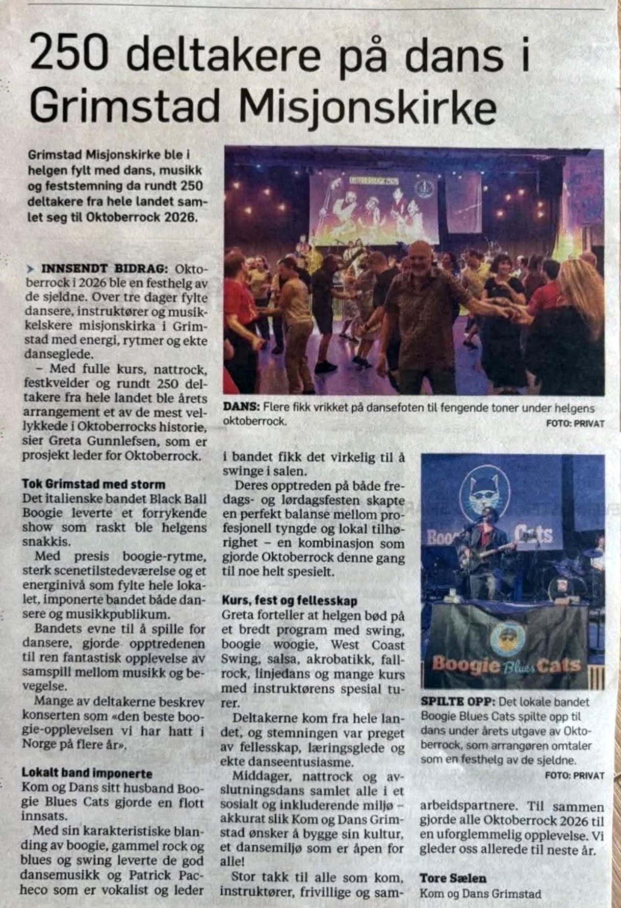 Avisutklipp fra Grimstad Adressetidende: &laquo;250 deltakere p&aring; dans i Grimstad Misjonskirke&raquo;, med bilde av dansegulvet og av Boogie Blues Cats p&aring; scenen.